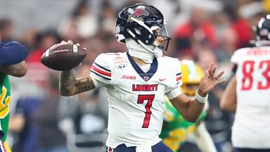 Jan 1, 2024; Glendale, AZ, USA; Liberty Flames quarterback Kaidon Salter (7) throws against the Oregon Ducks during the second half in the 2024 Fiesta Bowl at State Farm Stadium.