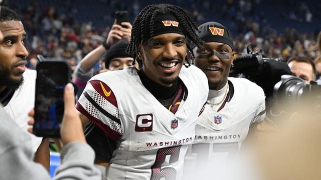 Jan 18, 2025; Detroit, Michigan, USA; Washington Commanders quarterback Jayden Daniels (5) and wide receiver Terry McLaurin (17) celebrate the win against Detroit Lions in a 2025 NFC divisional round game at Ford Field.