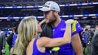 Los Angeles Rams quarterback Matthew Stafford (9) with wife Kelly Hall after defeating the San Francisco 49ers in the NFC Championship Game at SoFi Stadium.