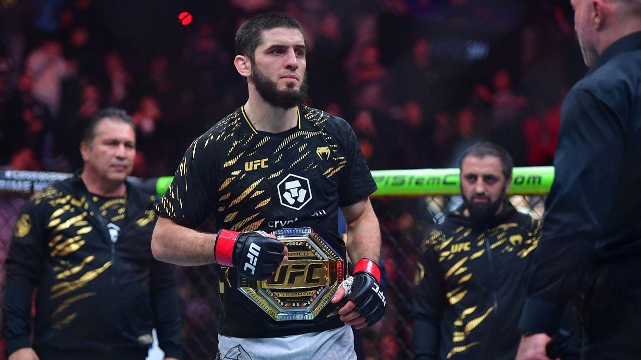 slam Makhachev (red gloves) reacts after defeating Renato Moicano (not pictured) in a lightweight title fight during UFC 311 at Intuit Dome.