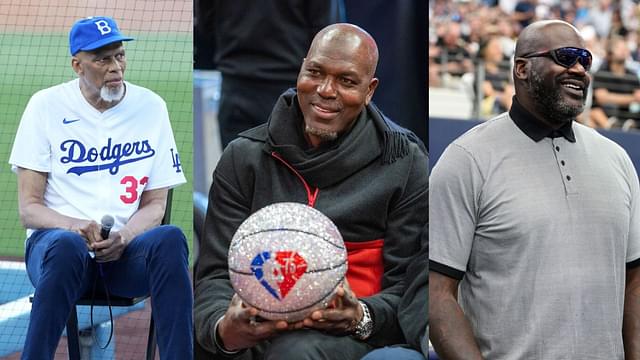 Kareem Abdul-Jabbar (L), Hakeem Olajuwon (C), Shaquille O'Neal (R)