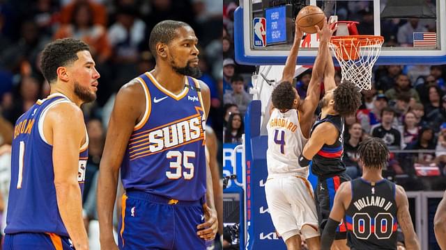 Devin Booker and Kevin Durant(L), Nick Richards, Cade Cunningham, and Ron Holland(R)