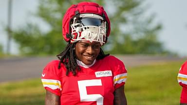 Kansas City Chiefs wide receiver Marquise “Hollywood” Brown (5) walks down the hill from the locker room to the fields during training camp at Missouri Western State University.