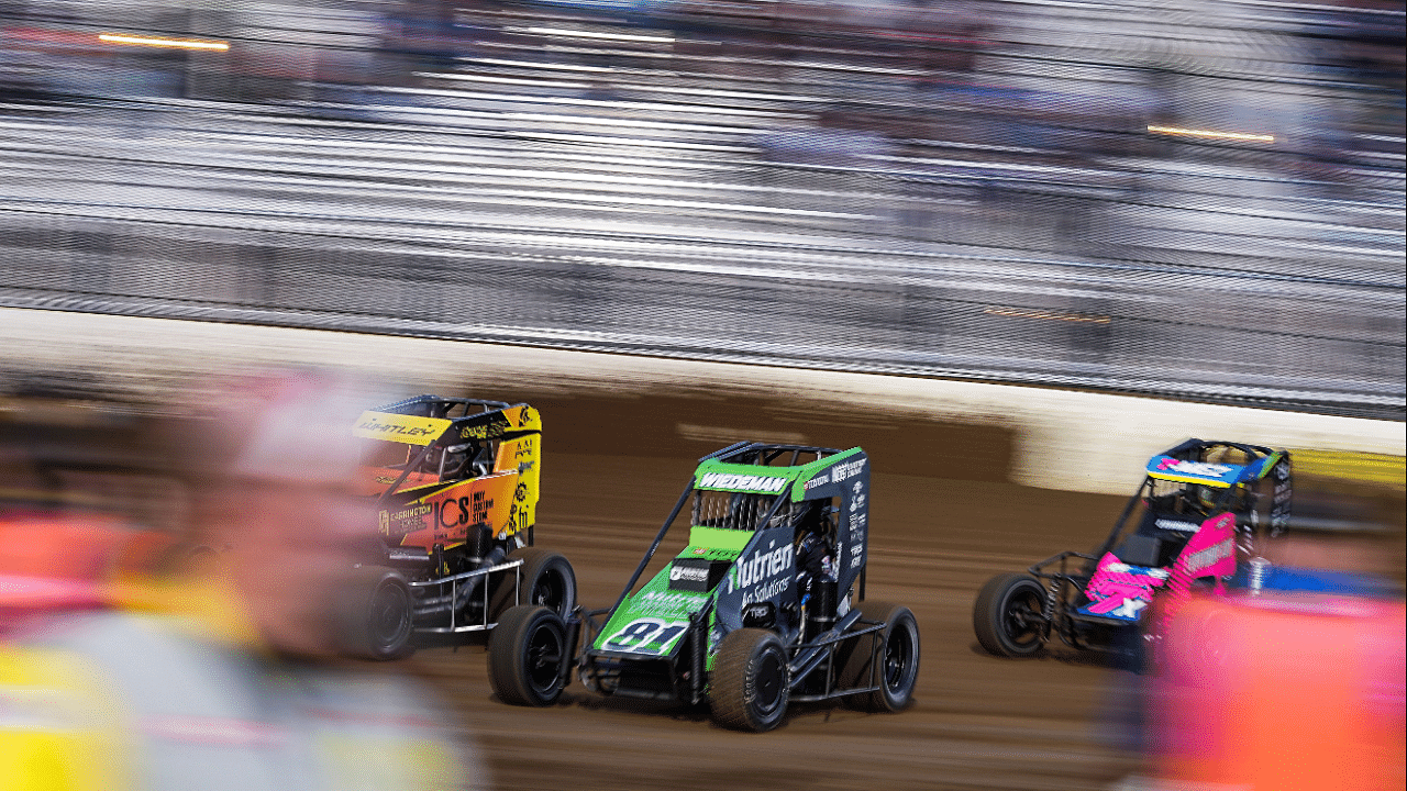 CB Industries driver Bryant Wiedeman (81) competes Thursday, Sept. 28, 2023, during qualifying for the NOS Energy Drink National Midget Championship Championship at the Indianapolis Motor Speedway.