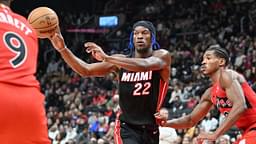 Miami Heat forward Jimmy Butler (22) passes the ball against the Toronto Raptors in the first half at Scotiabank Arena.