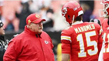 Dec 15, 2024; Cleveland, Ohio, USA; Kansas City Chiefs head coach Andy Reid talks to quarterback Patrick Mahomes (15) before the game between the Cleveland Browns and the Chiefs at Huntington Bank Field.