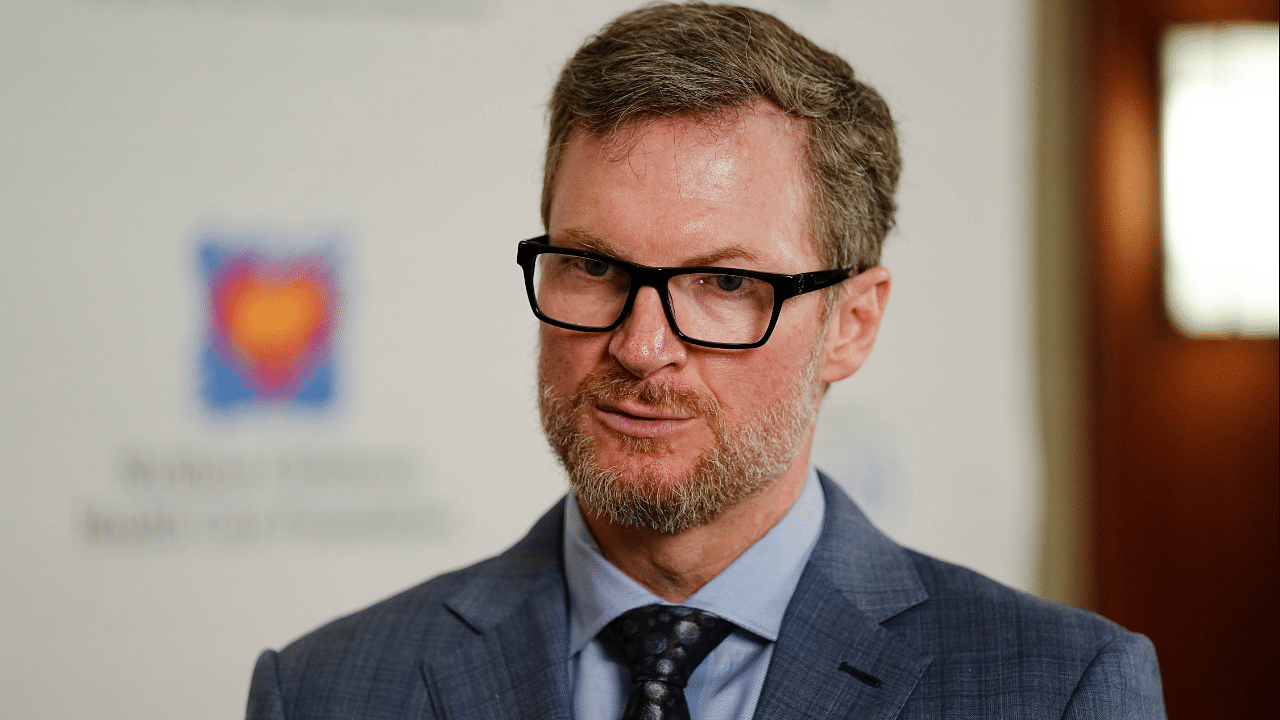 May 1, 2024; Columbus, OH, USA; NASCAR legend Dale Earnhardt Jr. talks to media following the Memorial Tournament Legends Luncheon at the Ohio Union. Earnhardt emceed the event.