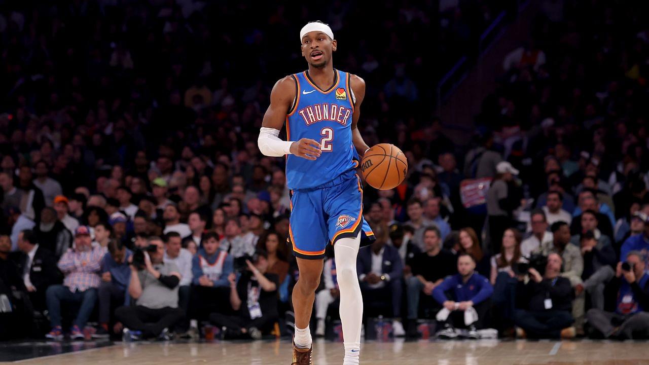 Oklahoma City Thunder guard Shai Gilgeous-Alexander (2) brings the ball up court against the New York Knicks during the first quarter at Madison Square Garden