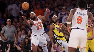 New York Knicks center Mitchell Robinson (23) grabs a rebound against Indiana Pacers forward Isaiah Jackson (22) during the fourth quarter of game one of the second round of the 2024 NBA playoffs at Madison Square Garden.