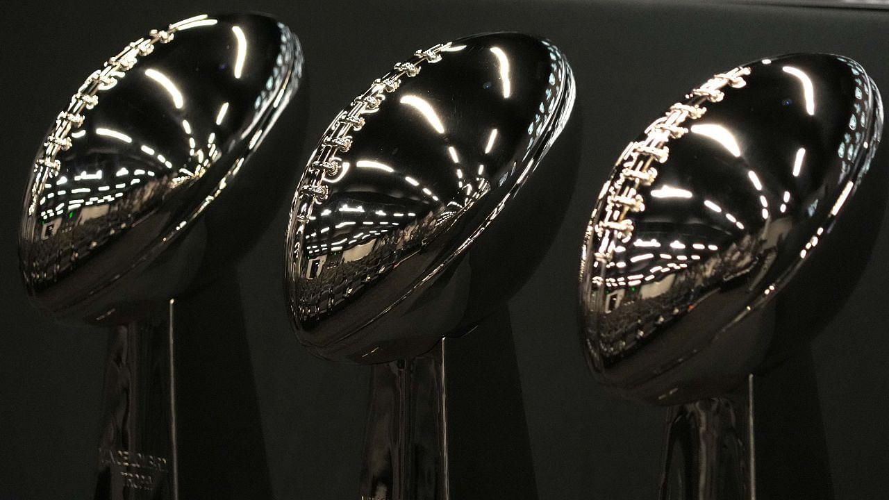 The Oakland and Las Los Angeles Raiders Vince Lombardi Super Bowl 11 (XI), Super Bowl 15 (XV) and Super Bowl 28 (XVIII) champion trophies at the Intermountain Health Performance Center.