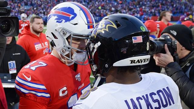 Dec 8, 2019; Orchard Park, NY, USA; Buffalo Bills quarterback Josh Allen (17) meets Baltimore Ravens quarterback Lamar Jackson (8) at mid-field after a game at New Era Field.