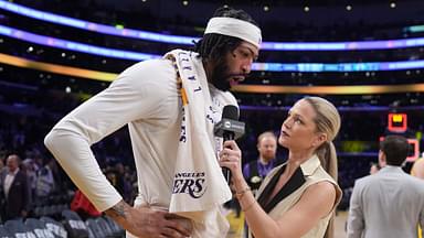 NBA on TNT reporter Allie LaForce (right) interviews Los Angeles Lakers forward Anthony Davis (3) after the game against the Boston Celtics at the Crypto.com Arena