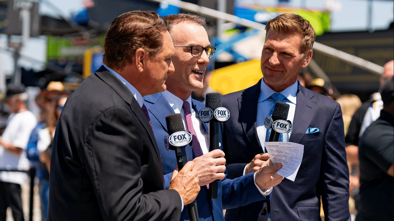 FORT WORTH, TX - APRIL 14: Broadcast team of Clint Bowyer, Kevin Harvick and Mike Joy do a preface segment on track before the NASCAR, Motorsport, USA Cup Series Autotrader EchoPark Automotive 400 on April 14, 2024 at Texas Motor Speedway in Fort Worth, TX. (Photo by Chris Leduc Icon Sportswire) AUTO: APR 14 NASCAR Cup Series AutoTrader EchoPark Automotive 400 EDITORIAL USE ONLY Icon240413150400