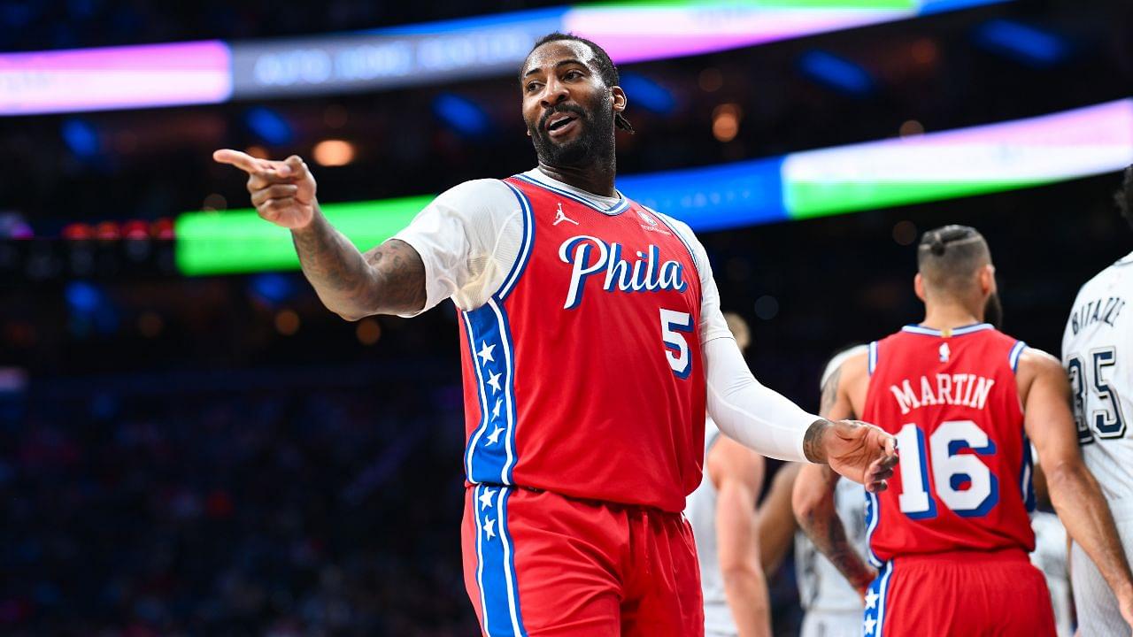 Philadelphia 76ers center Andre Drummond (5) reacts against the Orlando Magic in the second quarter at Wells Fargo Center.