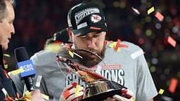 Jan 26, 2025; Kansas City, MO, USA; Kansas City Chiefs tight end Travis Kelce (87) reacts on stage after the AFC Championship game against the Buffalo Bills at GEHA Field at Arrowhead Stadium.