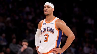 New York Knicks guard Josh Hart (3) reacts during the third quarter against the Oklahoma City Thunder at Madison Square Garden.