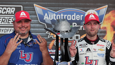 NASCAR Cup Series driver William Byron (24) and crew chief Rudy Fugle after winning the AutoTrader EcoPark Automotive 400 at Texas Motor Speedway.