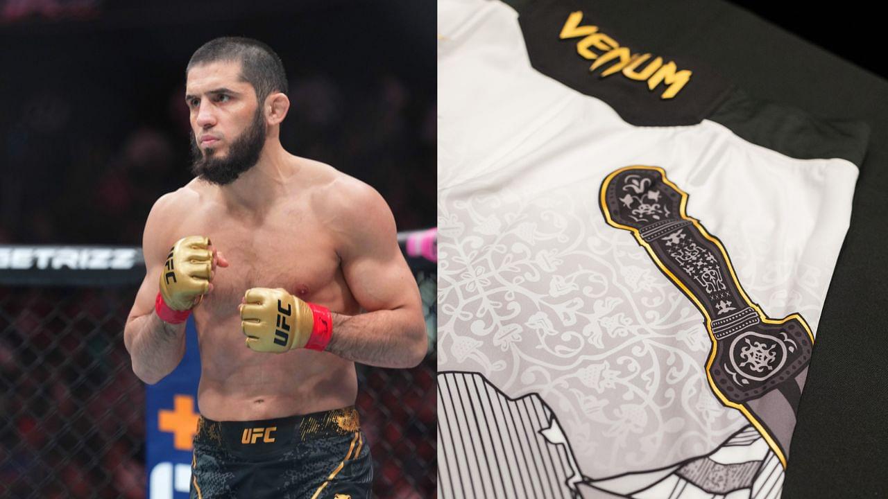 Islam Makhachev (L), Islam's custom shorts for UFC 311 (R)