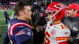 Dec 8, 2019; Foxborough, MA, USA; New England Patriots quarterback Tom Brady (12) and Kansas City Chiefs quarterback Patrick Mahomes (15) after the game at Gillette Stadium.