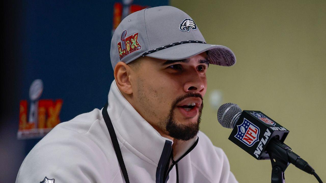 Philadelphia Eagles linebacker Zack Baun (53) during a press conference in advance of Super Bowl LIX at New Orleans Marriott.