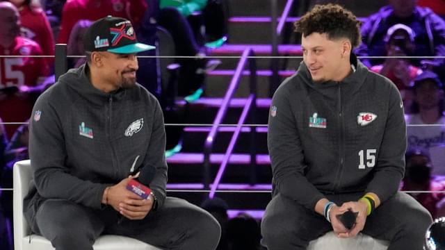 Philadelphia Eagles quarterback Jalen Hurts and Kansas City Chiefs quarterback Patrick Mahomes chat on stage at the Footprint Center in downtown Phoenix during the NFL's Super Bowl Opening Night on Feb. 6, 2023. Nfl Super Bowl Opening Night At Footprint Center