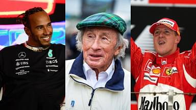 Lewis Hamilton (L), Jackie Stewart (M), and Michael Schumacher (R)