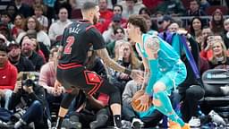 Chicago Bulls guard Lonzo Ball (2) defends Charlotte Hornets guard LaMelo Ball (1) during the first quarter at United Center