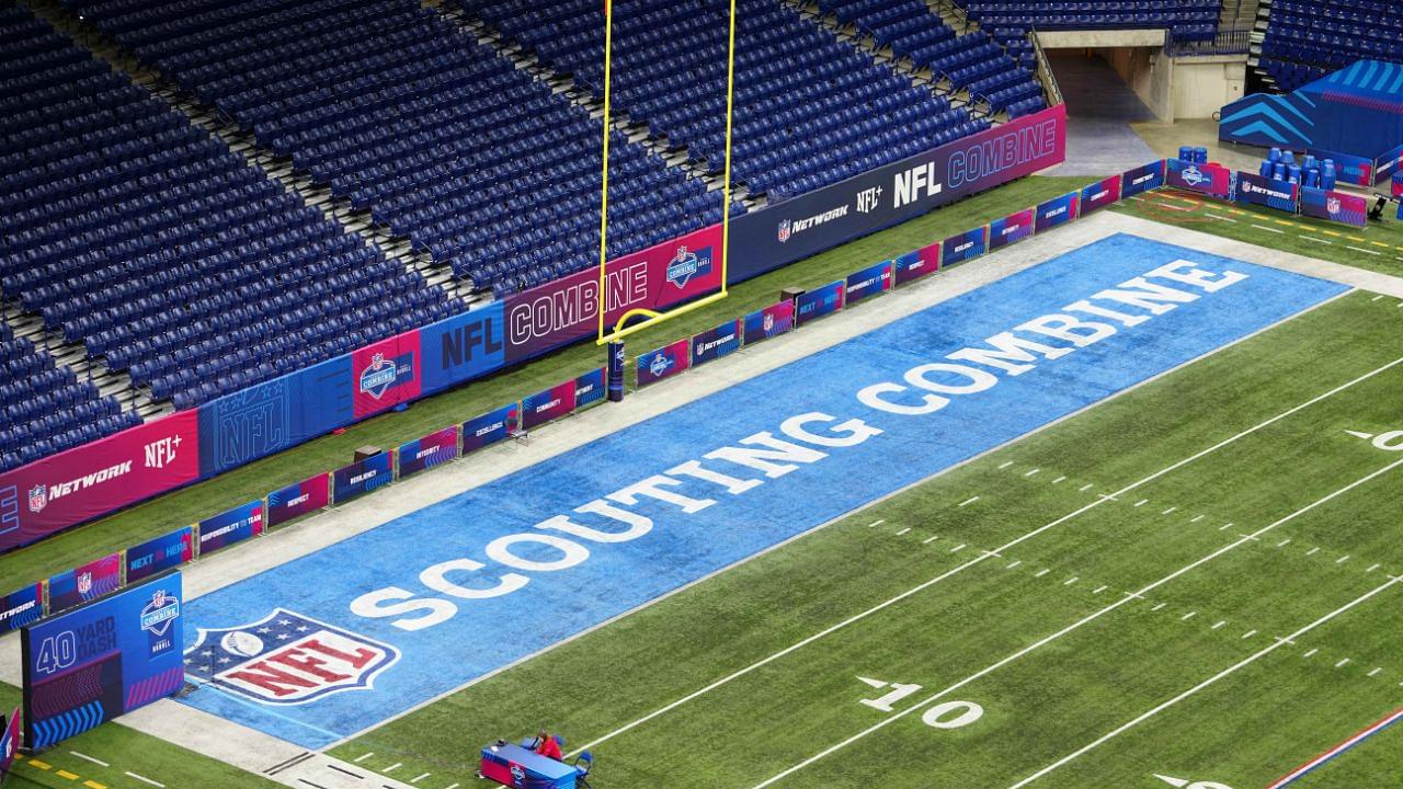 The 2024 NFL Scouting Combine logo in the end zone at Lucas Oil Stadium.