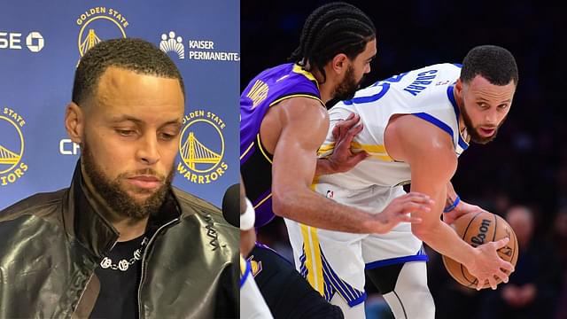 Stephen Curry's forehead injury (L), Stephen Curry in action against the Lakers (R)