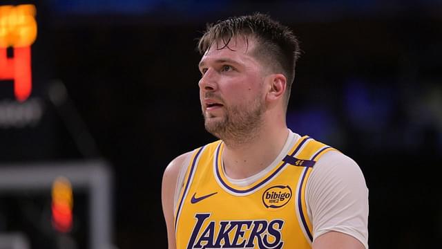 Los Angeles Lakers guard Luka Doncic (77) looks on from the court against the Utah Jazz at Crypto.com Arena.