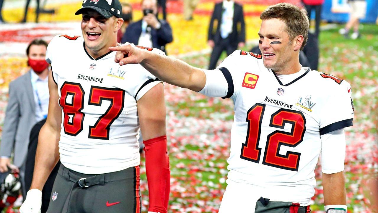 ampa Bay Buccaneers quarterback Tom Brady (12) and tight end Rob Gronkowski (87) celebrate after beating the Kansas City Chiefs in Super Bowl LV at Raymond James Stadium.