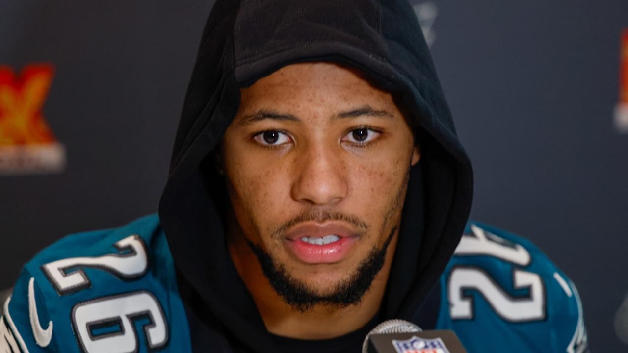 Philadelphia Eagles running back Saquon Barkley (26) during a press conference in advance of Super Bowl LIX at New Orleans Marriott.