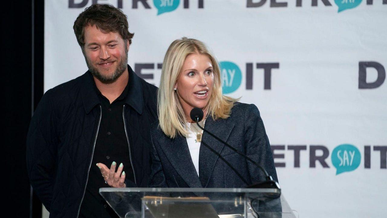 Matthew and Kelly Stafford make remarks before the ribbon cutting for the Kelly and Matthew Stafford and Friends Education Center at the S.A.Y Detroit Play Center in Detroit on Monday, April 1, 2024.