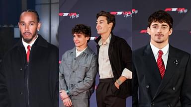 Lewis Hamilton (L), Kimi Antonelli and George Russell (M), Charles Leclerc (R)