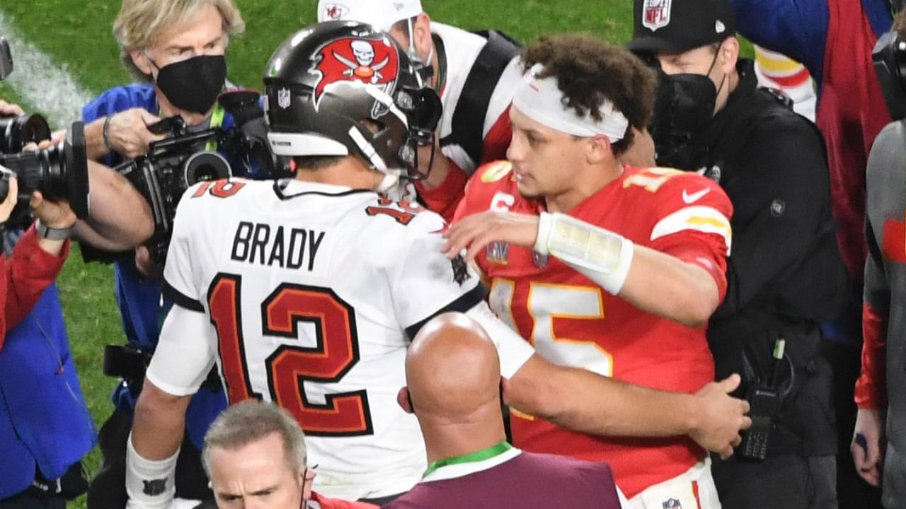 Feb 7, 2021; Tampa, FL, USA; Tampa Bay Buccaneers quarterback Tom Brady (12) greets Kansas City Chiefs quarterback Patrick Mahomes (15) after Super Bowl LV at Raymond James Stadium.