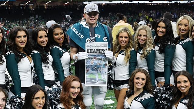 Philadelphia Eagles cornerback Cooper DeJean (M) celebrates with Eagles cheerleaders after Super Bowl LIX against the Kansas City Chiefs at Caesars Superdome.