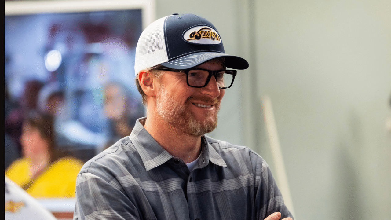 Feb 14, 2025; Daytona Beach, Florida, USA; NASCAR Cup Series team owner Dale Earnhardt Jr during practice for the Daytona 500 at Daytona International Speedway. Mandatory Credit: Mark J. Rebilas-Imagn Images