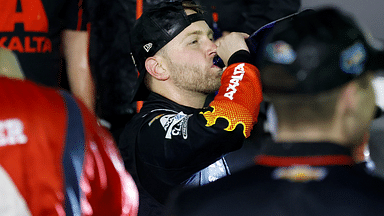 Feb 16, 2025; Daytona Beach, Florida, USA; NASCAR Cup Series driver William Byron (24) reacts after winning the Daytona 500 at Daytona International Speedway. Mandatory Credit: Peter Casey-Imagn Images