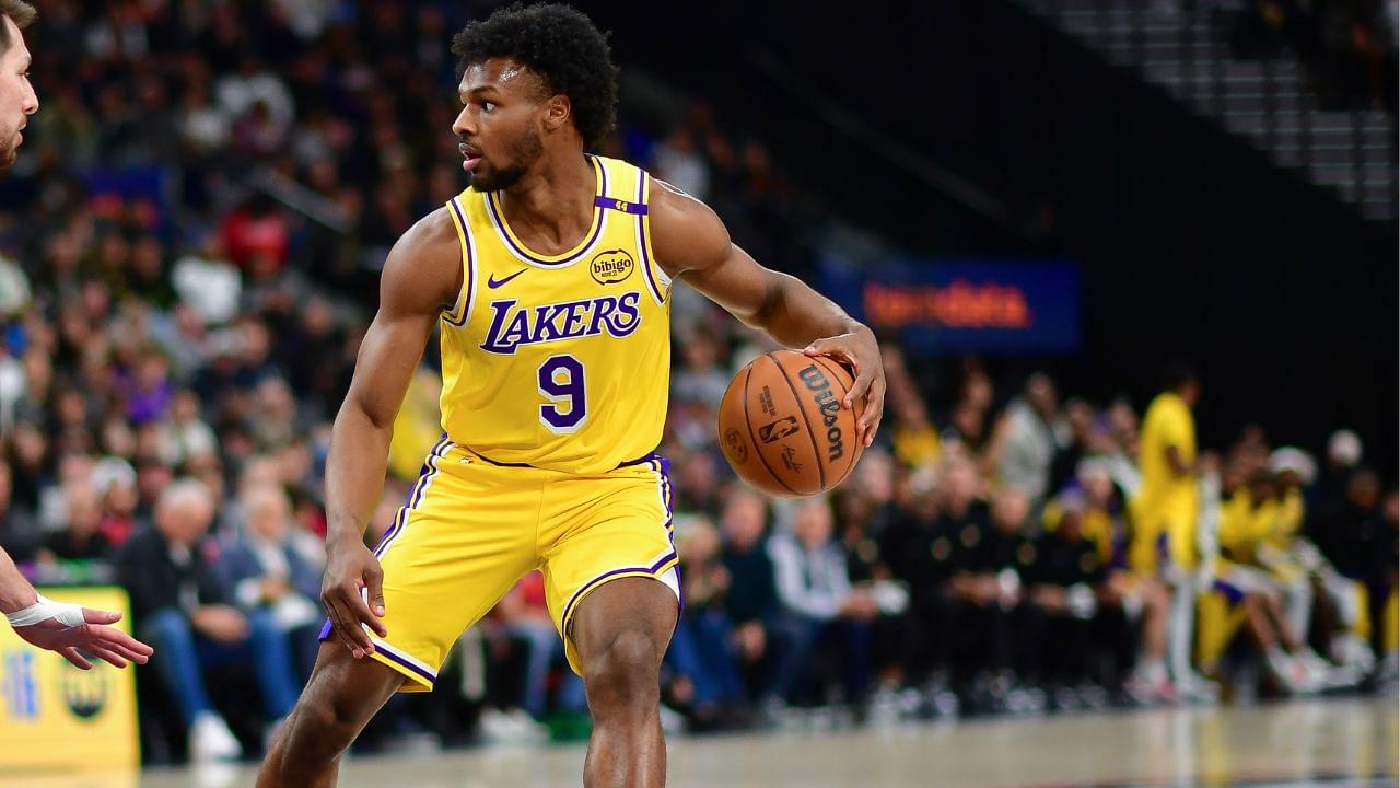 Los Angeles Lakers guard Bronny James (9) controls the ball against Los Angeles Clippers forward Drew Eubanks (15) during the second half at Intuit Dome.