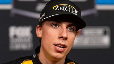 Feb 12, 2025; Daytona Beach, Florida, USA; NASCAR Cup Series driver Carson Hocevar during Daytona 500 media day at Daytona International Speedway. Mandatory Credit: Mark J. Rebilas-Imagn Images