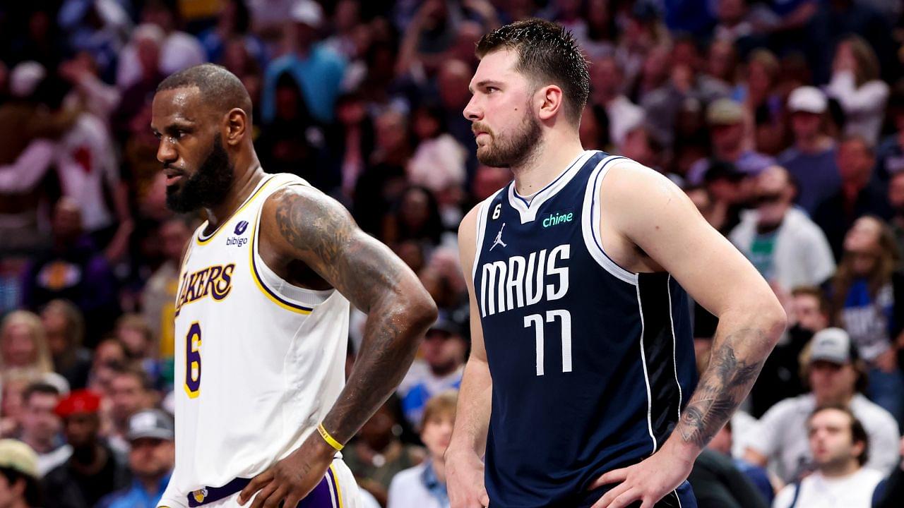 Los Angeles Lakers forward LeBron James (6) and Dallas Mavericks guard Luka Doncic (77) during the fourth quarter at American Airlines Center.