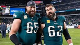 Nov 5, 2023; Philadelphia, Pennsylvania, USA; Philadelphia Eagles center Jason Kelce (62) and offensive tackle Lane Johnson (65) walk off the field together after a victory against the Dallas Cowboys at Lincoln Financial Field.