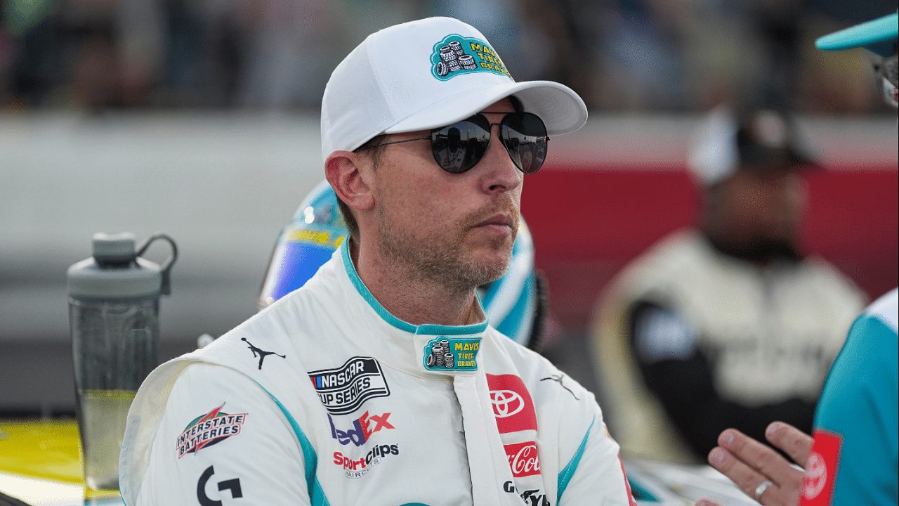 May 19, 2024; North Wilkesboro, North Carolina, USA; NASCAR Cup Series driver Denny Hamlin (11) during the All Star race at North Wilkesboro Speedway. Mandatory Credit: Jim Dedmon-Imagn Images