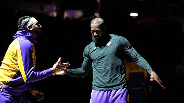 Los Angeles Lakers forward LeBron James (23) meets with forward Anthony Davis (3) before the start of the game against the Sacramento Kings at the Golden 1 Center.