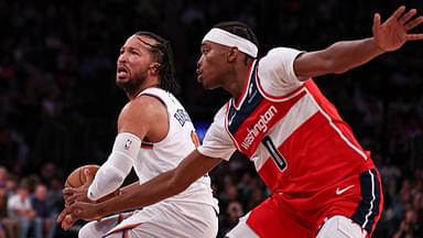 New York Knicks guard Jalen Brunson (11) is guarded by Washington Wizards guard Bilal Coulibaly (0) during the second half at Madison Square Garden