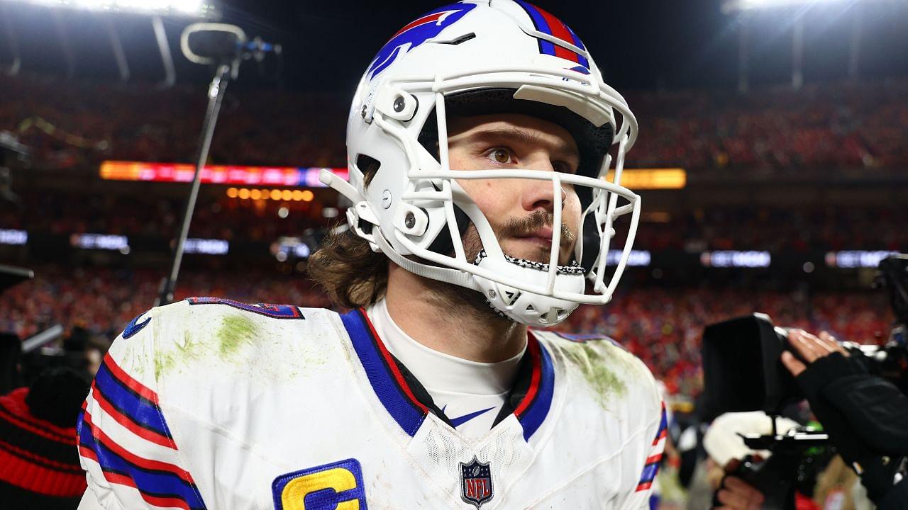 Buffalo Bills quarterback Josh Allen (17) walks off the field after the AFC Championship game against the Kansas City Chiefs at GEHA Field at Arrowhead Stadium.