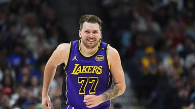 Los Angeles Lakers guard Luka Doncic (77) after a basket during the first half against the Denver Nuggets at Ball Arena.