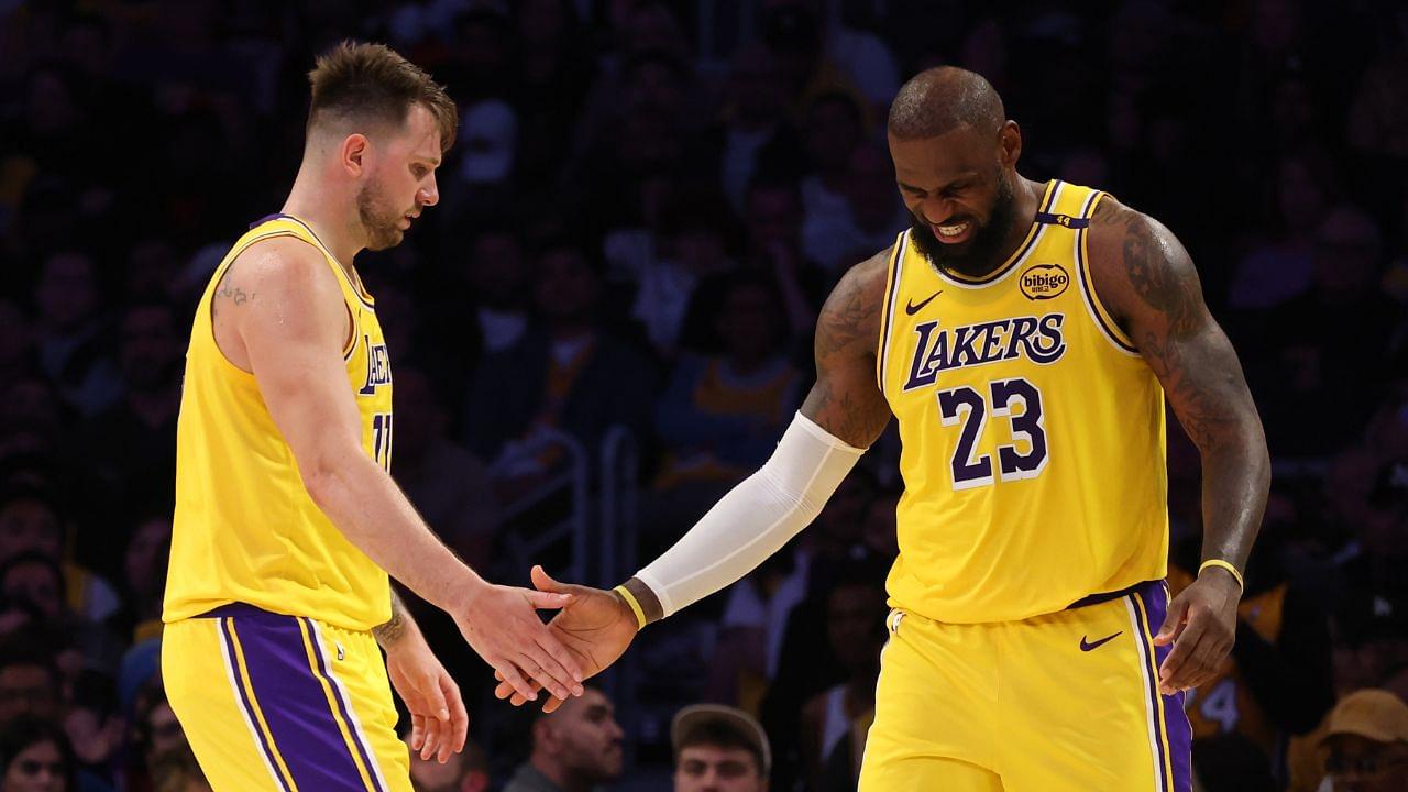 Los Angeles Lakers guard Luka Doncic (77) and forward LeBron James (23) celebrate after a play during the fourth quarter against the Minnesota Timberwolves at Crypto.com Arena