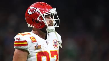 Kansas City Chiefs tight end Travis Kelce (87) reacts in the fourth quarter against the Philadelphia Eagles in Super Bowl LIX at Ceasars Superdome.