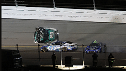 Feb 16, 2025; Daytona Beach, Florida, USA; NASCAR Cup Series driver Ryan Preece (60) gets airborne after a wreck during the Daytona 500 at Daytona International Speedway. Mandatory Credit: Mark J. Rebilas-Imagn Images